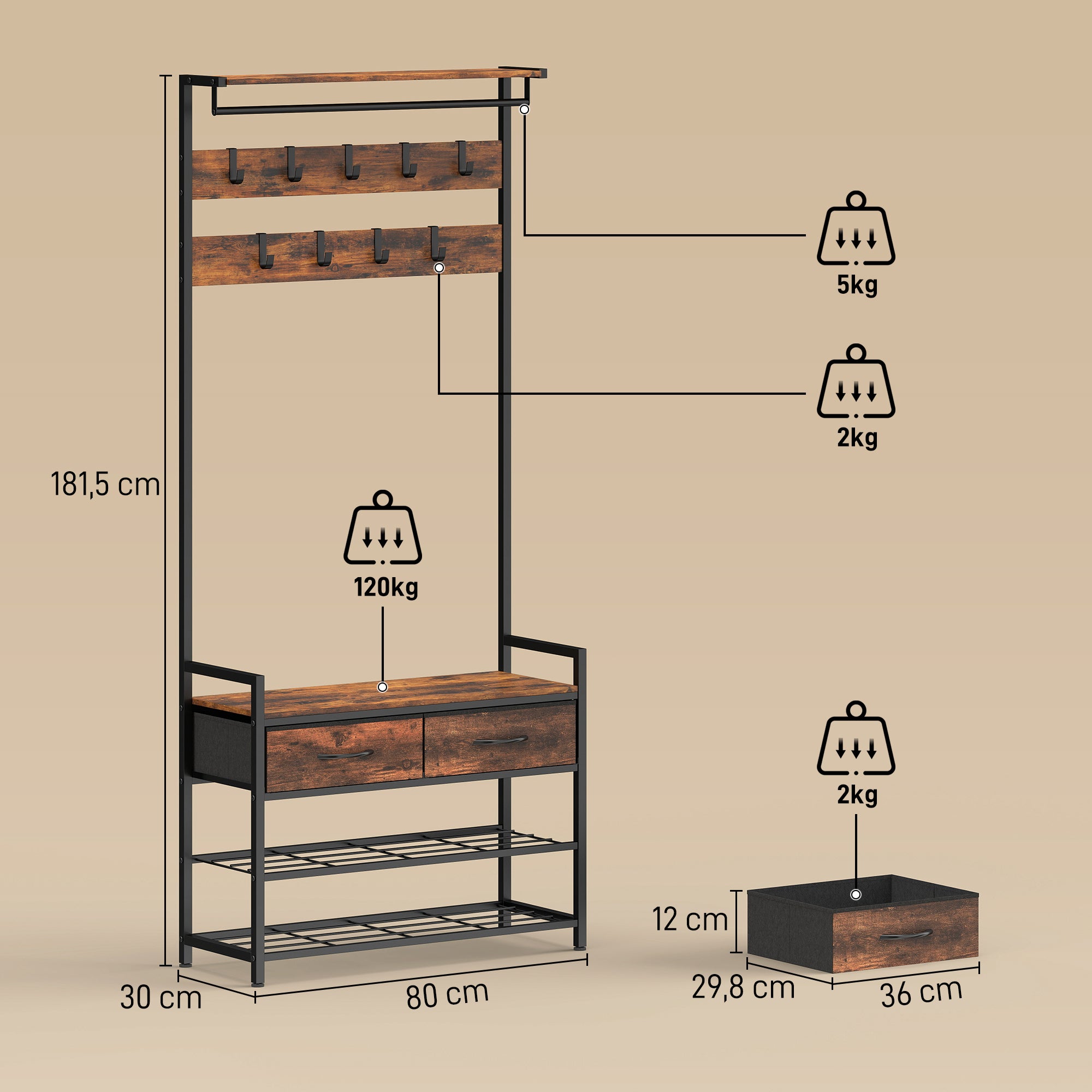 5-in-1 Hall Tree with Shoe Bench & Organizer, Industrial Steel Frame, Rustic Brown