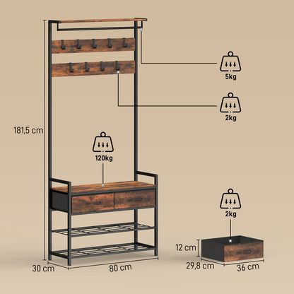 5-in-1 Hall Tree with Shoe Bench & Organizer, Industrial Steel Frame, Rustic Brown