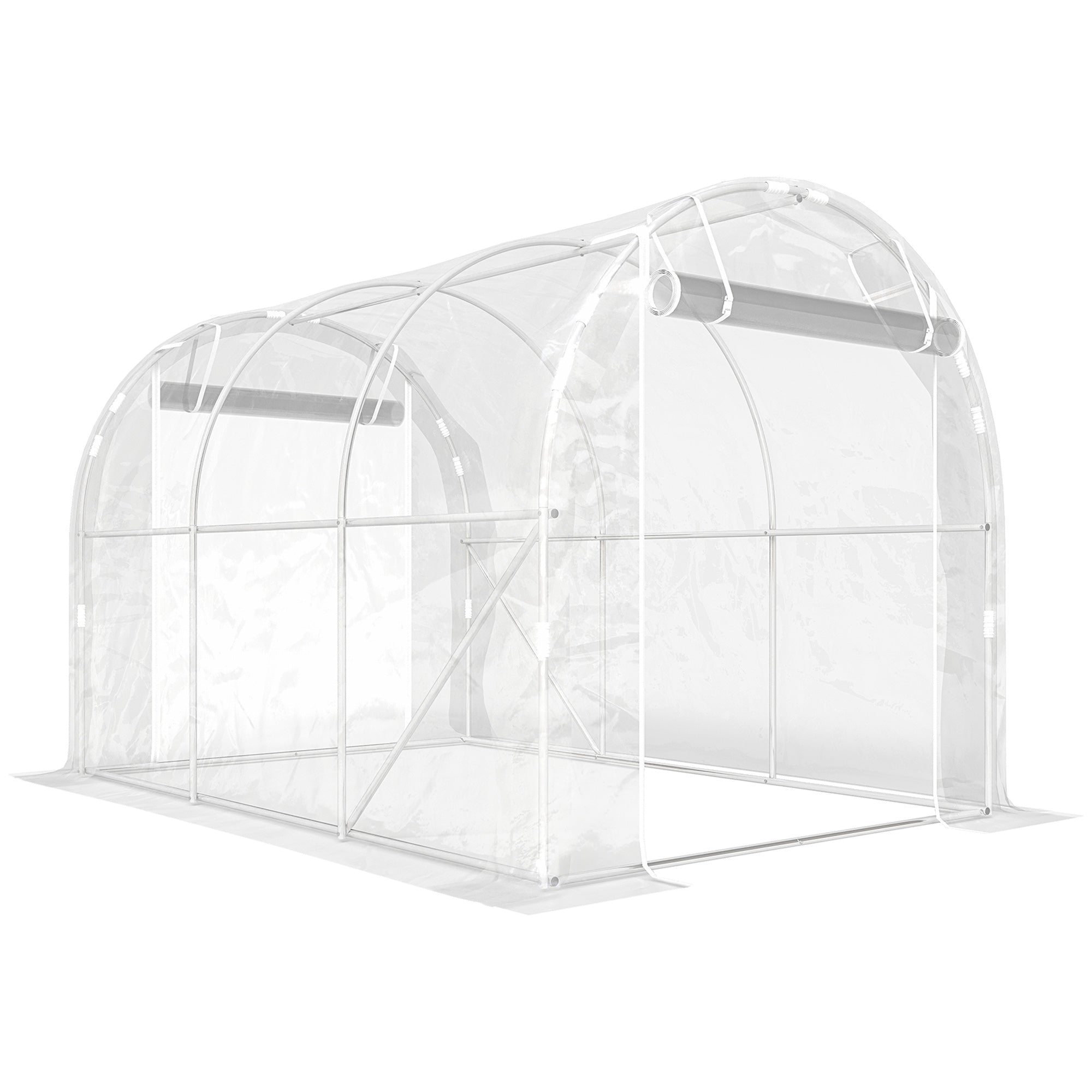 6 m² (≈64.6 sq ft) Tunnel Greenhouse — Galvanized Steel Frame, 150 gsm PE Cover, 2 Roll-Up Zipper Doors, 195×295×195 cm (76.8×116.1×76.8 in) — Clear