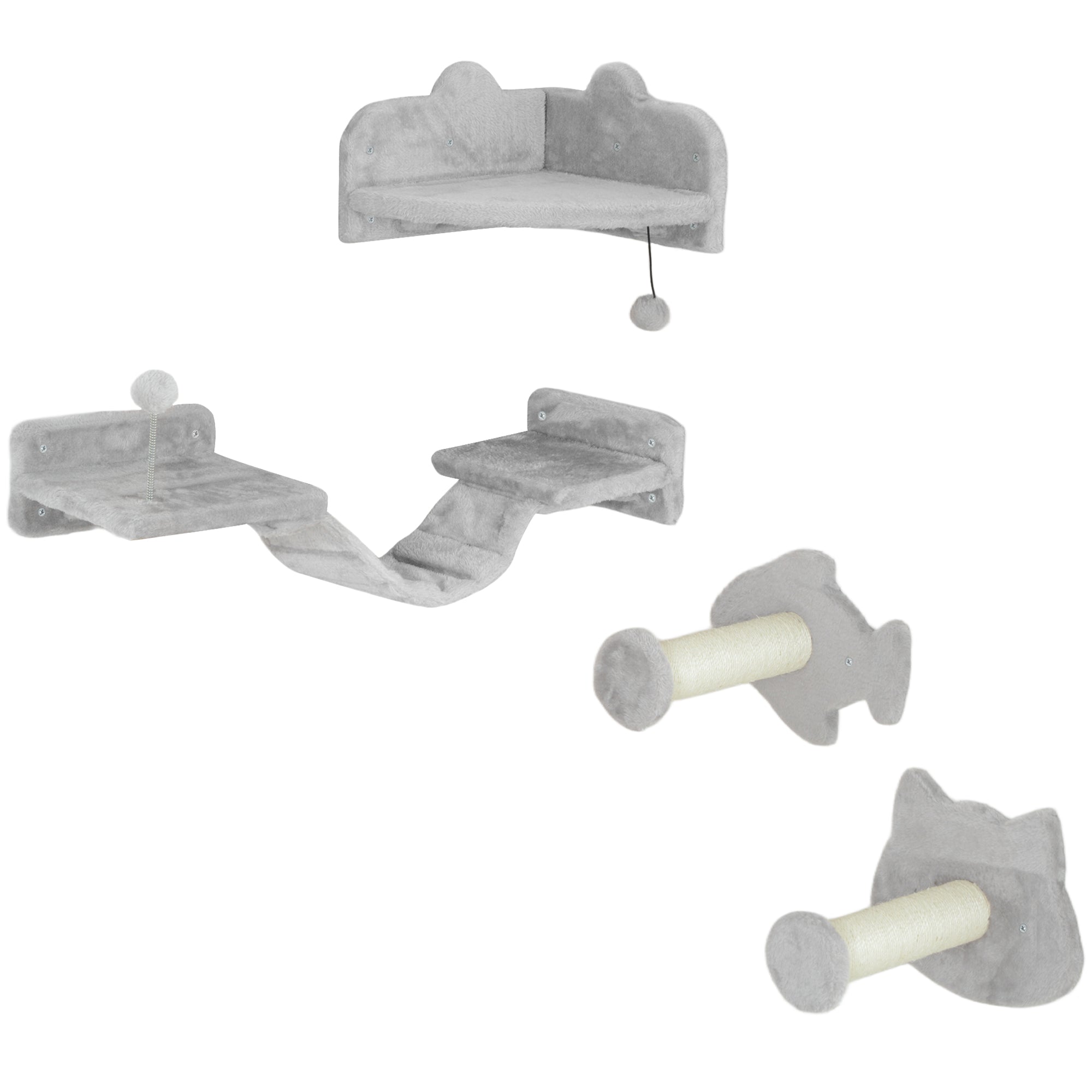 Cat Climbing Wall Set, 4-Piece Cat Furniture with Steps, Ladder, Jumping Towers, Scratching Posts, Play Ball, Sisal, for Cats up to 5 kg, Light Gray