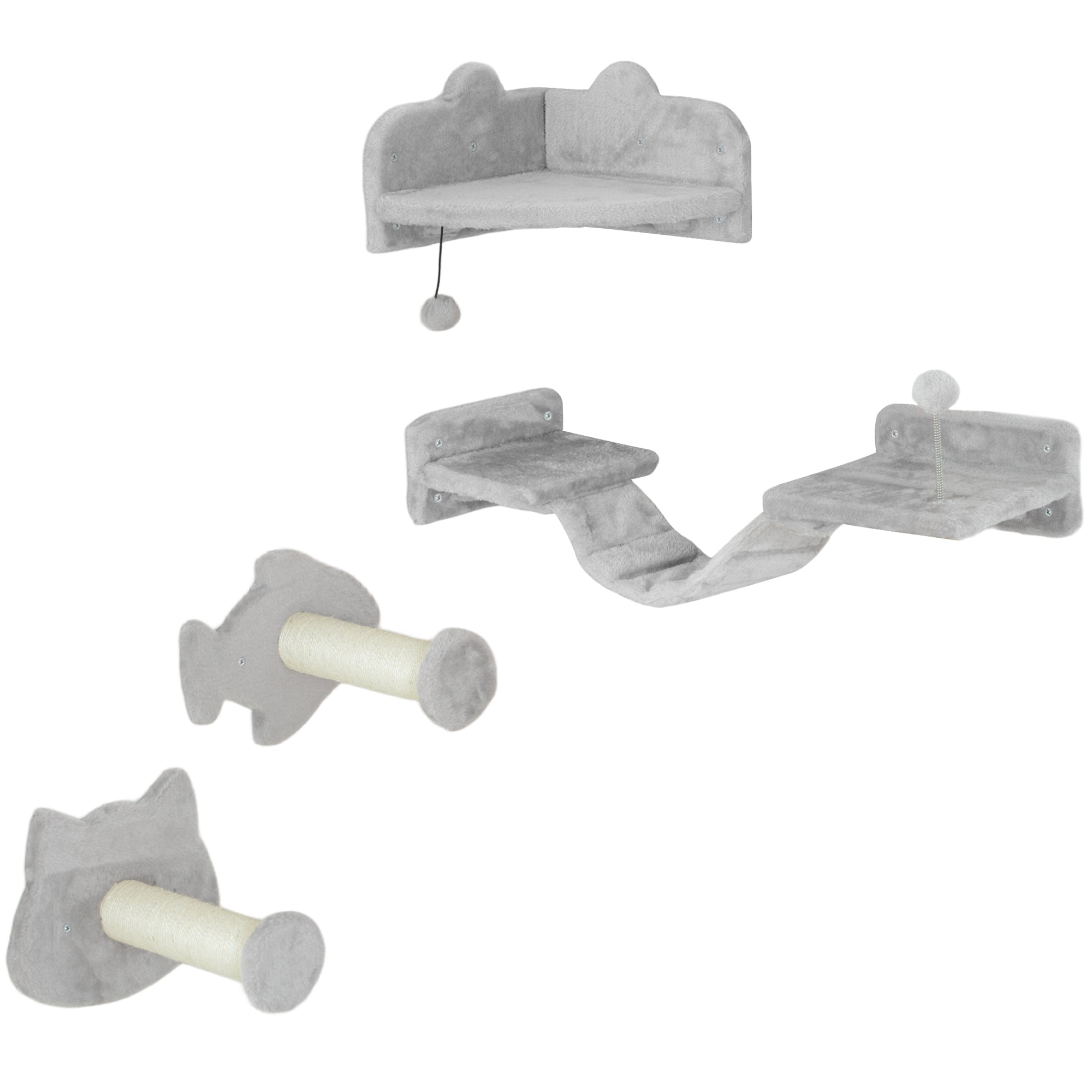 Cat Climbing Wall Set, 4-Piece Cat Furniture with Steps, Ladder, Jumping Towers, Scratching Posts, Play Ball, Sisal, for Cats up to 5 kg, Light Gray
