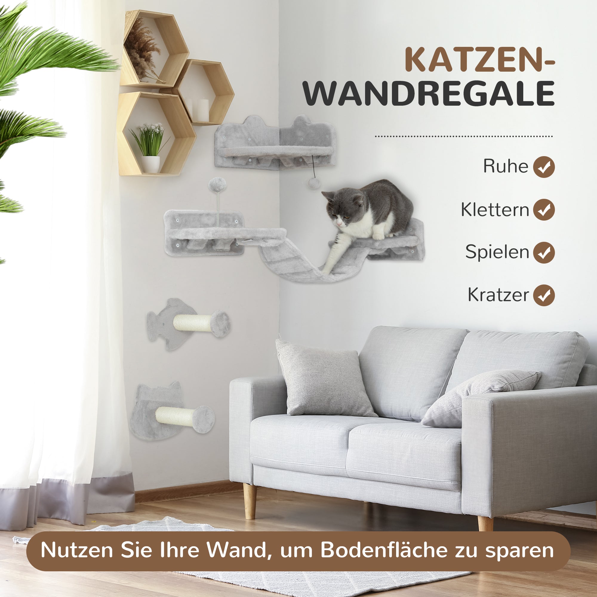 Cat Climbing Wall Set, 4-Piece Cat Furniture with Steps, Ladder, Jumping Towers, Scratching Posts, Play Ball, Sisal, for Cats up to 5 kg, Light Gray