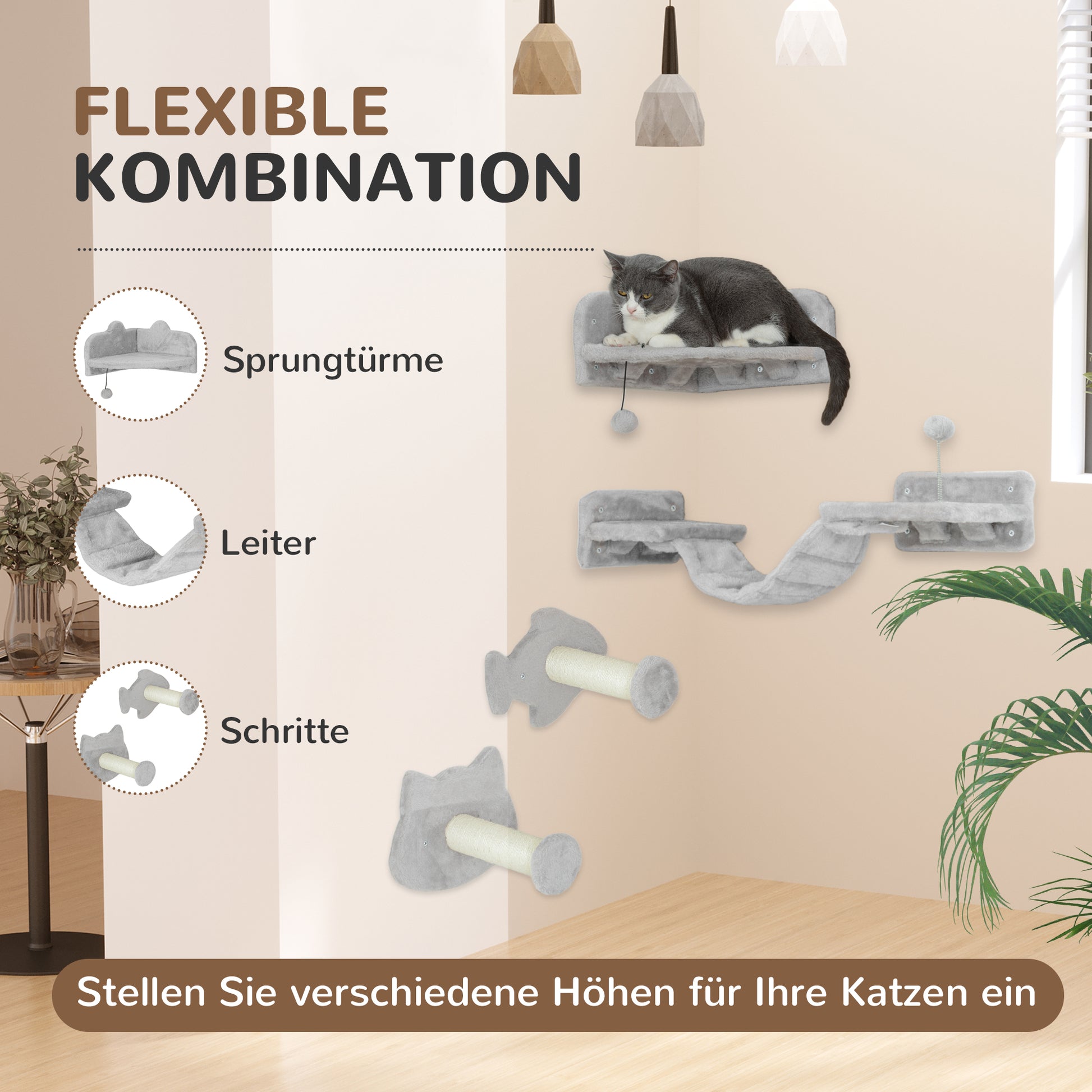 Cat Climbing Wall Set, 4-Piece Cat Furniture with Steps, Ladder, Jumping Towers, Scratching Posts, Play Ball, Sisal, for Cats up to 5 kg, Light Gray