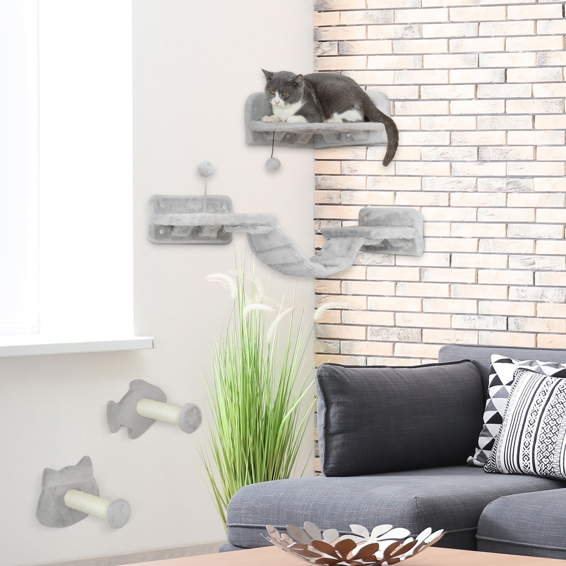 Cat Climbing Wall Set, 4-Piece Cat Furniture with Steps, Ladder, Jumping Towers, Scratching Posts, Play Ball, Sisal, for Cats up to 5 kg, Light Gray