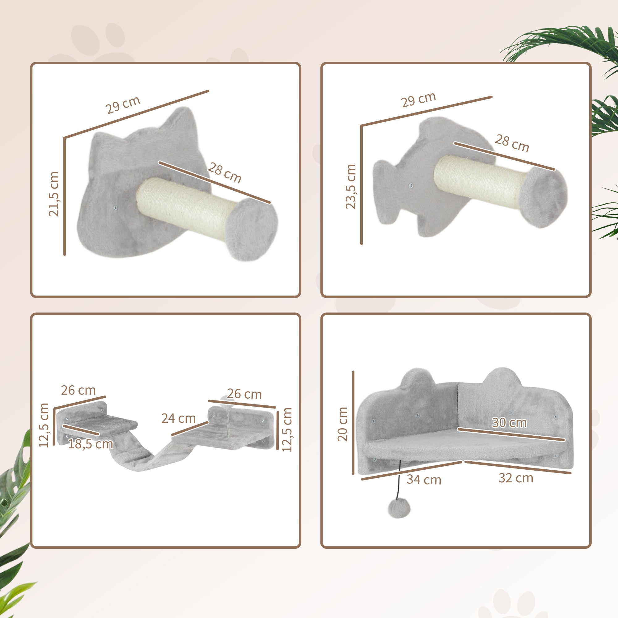 Cat Climbing Wall Set, 4-Piece Cat Furniture with Steps, Ladder, Jumping Towers, Scratching Posts, Play Ball, Sisal, for Cats up to 5 kg, Light Gray