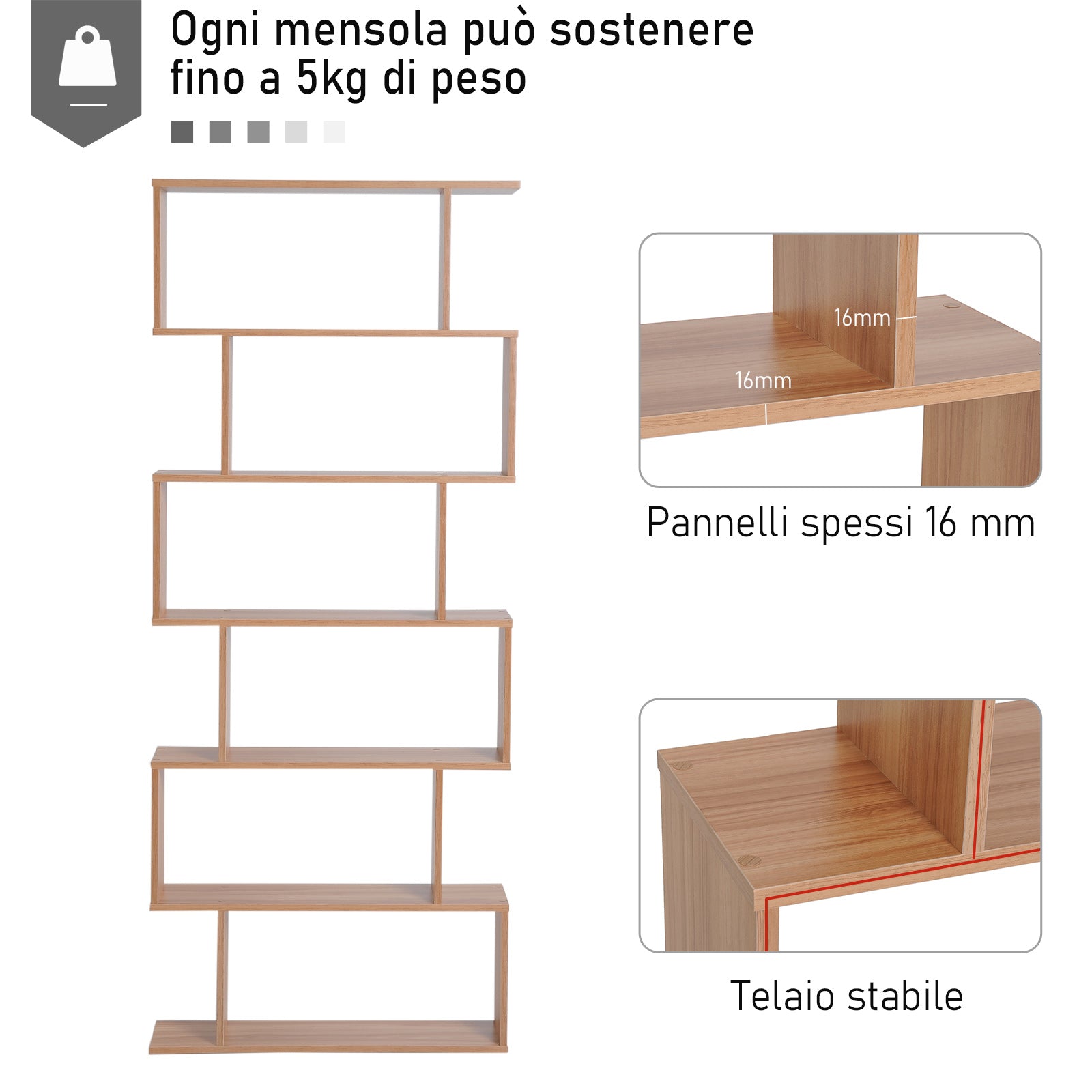 Modern Design Wooden Bookcase with 6 Shelves Natural Wood 80 x 23 x 192cm