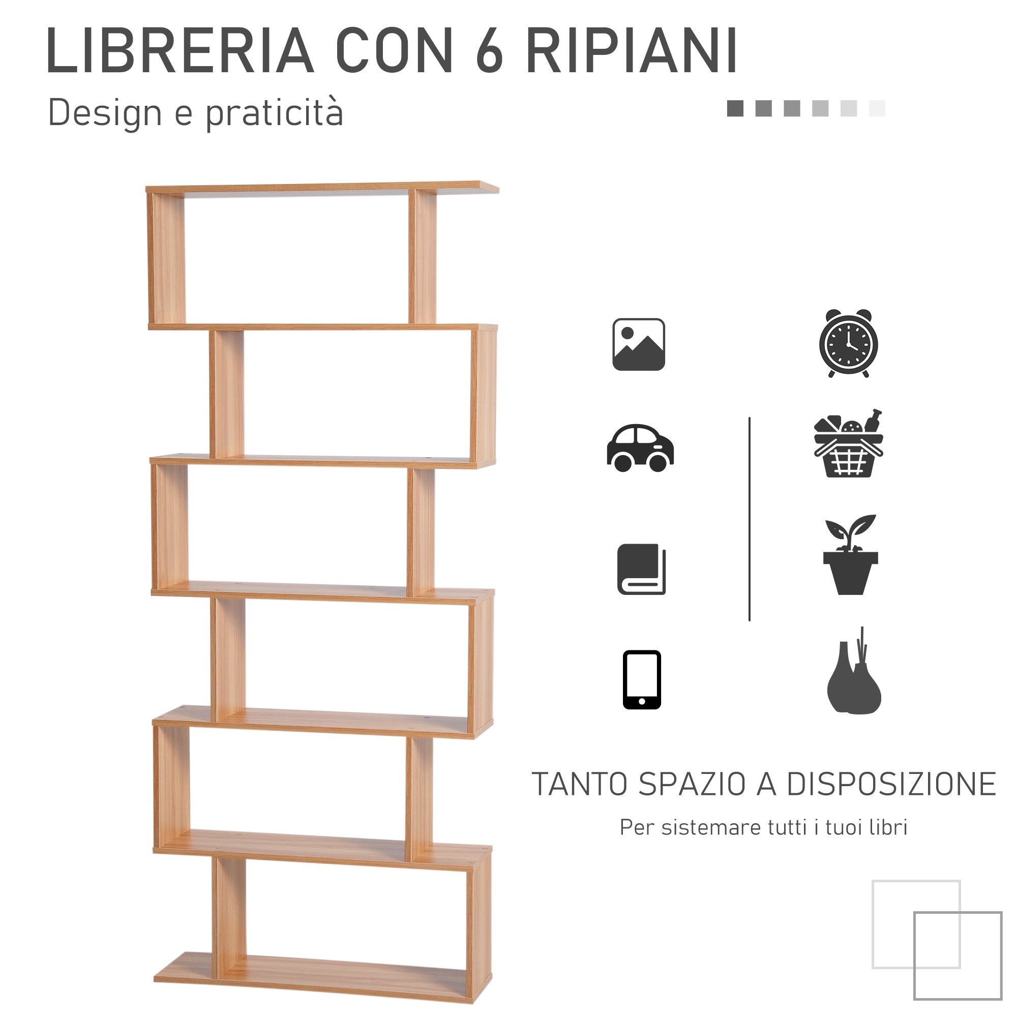 Modern Design Wooden Bookcase with 6 Shelves Natural Wood 80 x 23 x 192cm