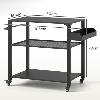 3-Tier BBQ Serving Trolley with Work Surface Shelves Wheels, BBQ Stainless Steel Grill Table, Grill Side Table, Outdoor Cart, Charcoal Grill for Garden, Patio, 105x50x79cm Black