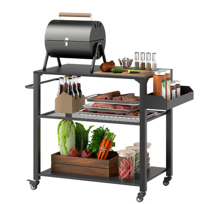 3-Tier BBQ Serving Trolley with Work Surface Shelves Wheels, BBQ Stainless Steel Grill Table, Grill Side Table, Outdoor Cart, Charcoal Grill for Garden, Patio, 105x50x79cm Black