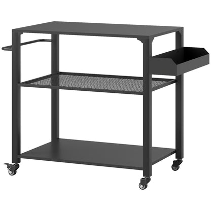 3-Tier BBQ Serving Trolley with Work Surface Shelves Wheels, BBQ Stainless Steel Grill Table, Grill Side Table, Outdoor Cart, Charcoal Grill for Garden, Patio, 105x50x79cm Black
