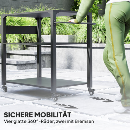 3-Tier BBQ Serving Trolley with Work Surface Shelves Wheels, BBQ Stainless Steel Grill Table, Grill Side Table, Outdoor Cart, Charcoal Grill for Garden, Patio, 105x50x79cm Black