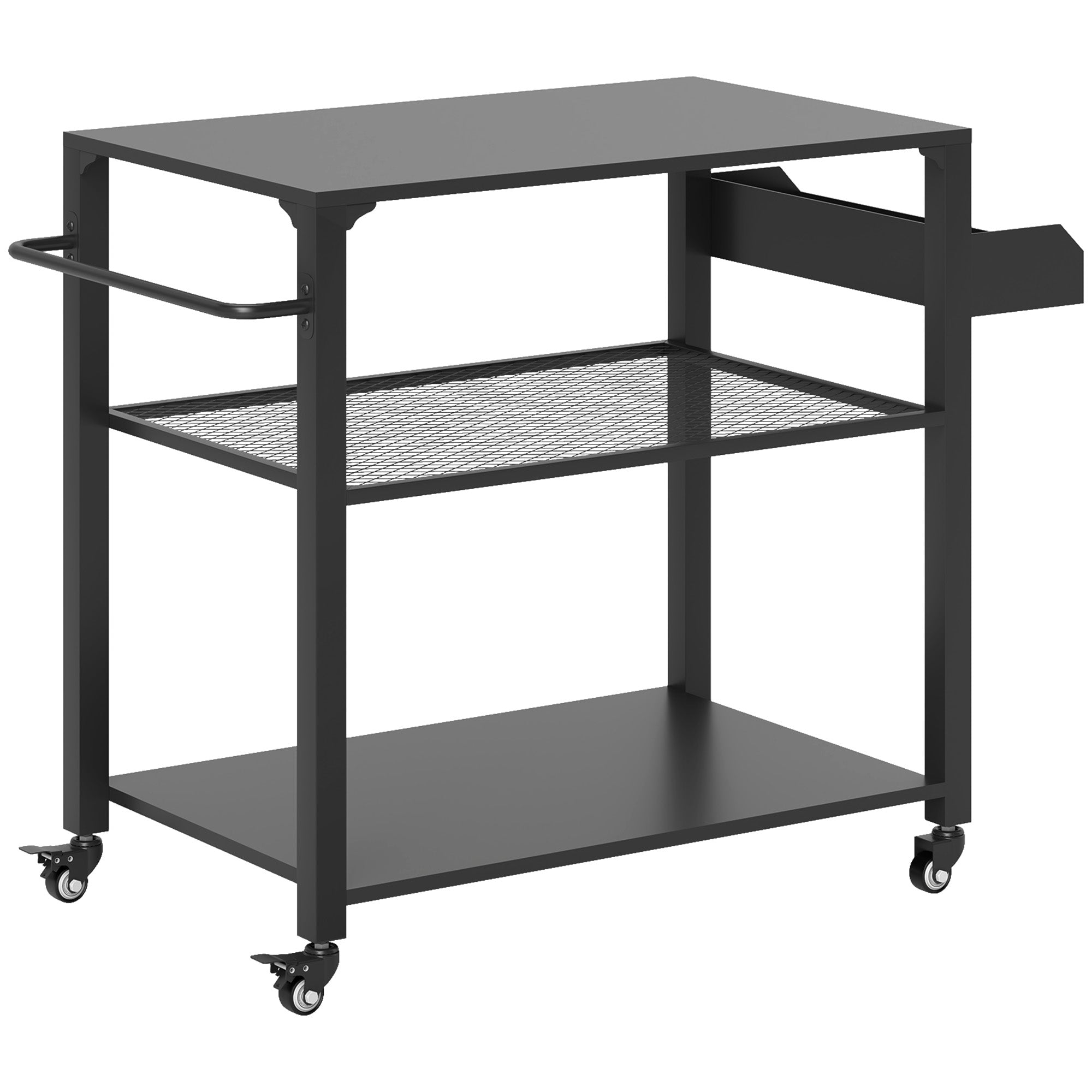 3-Tier BBQ Serving Trolley with Work Surface Shelves Wheels, BBQ Stainless Steel Grill Table, Grill Side Table, Outdoor Cart, Charcoal Grill for Garden, Patio, 105x50x79cm Black
