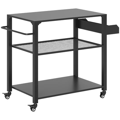 3-Tier BBQ Serving Trolley with Work Surface Shelves Wheels, BBQ Stainless Steel Grill Table, Grill Side Table, Outdoor Cart, Charcoal Grill for Garden, Patio, 105x50x79cm Black