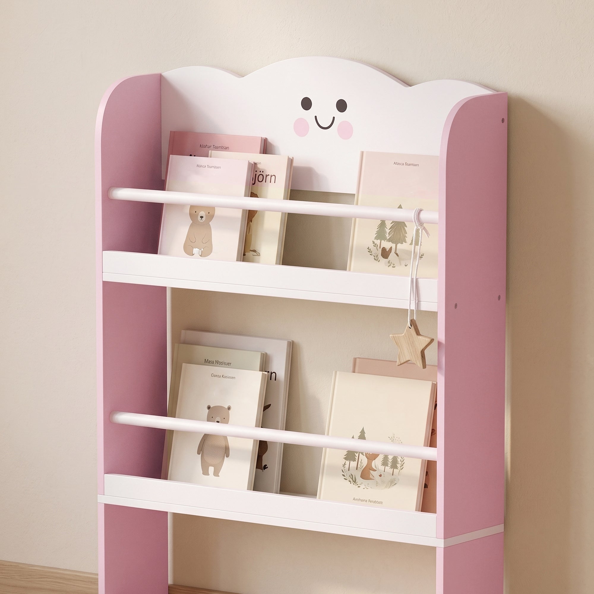 Wall-Mounted Kids Bookshelf, 4-Tier Pink Cotton Candy-Themed Storage Shelf for Playroom & Bedroom