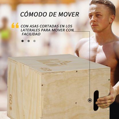 3-in-1 Wooden Plyometric Box Jump Box with 2 Hollow Handles Strength Training at Home Office Gym CrossFit Load 120 kg 45x40x60 cm Natural Wood