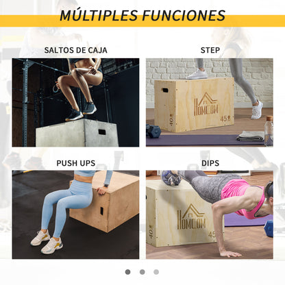 3-in-1 Wooden Plyometric Box Jump Box with 2 Hollow Handles Strength Training at Home Office Gym CrossFit Load 120 kg 45x40x60 cm Natural Wood