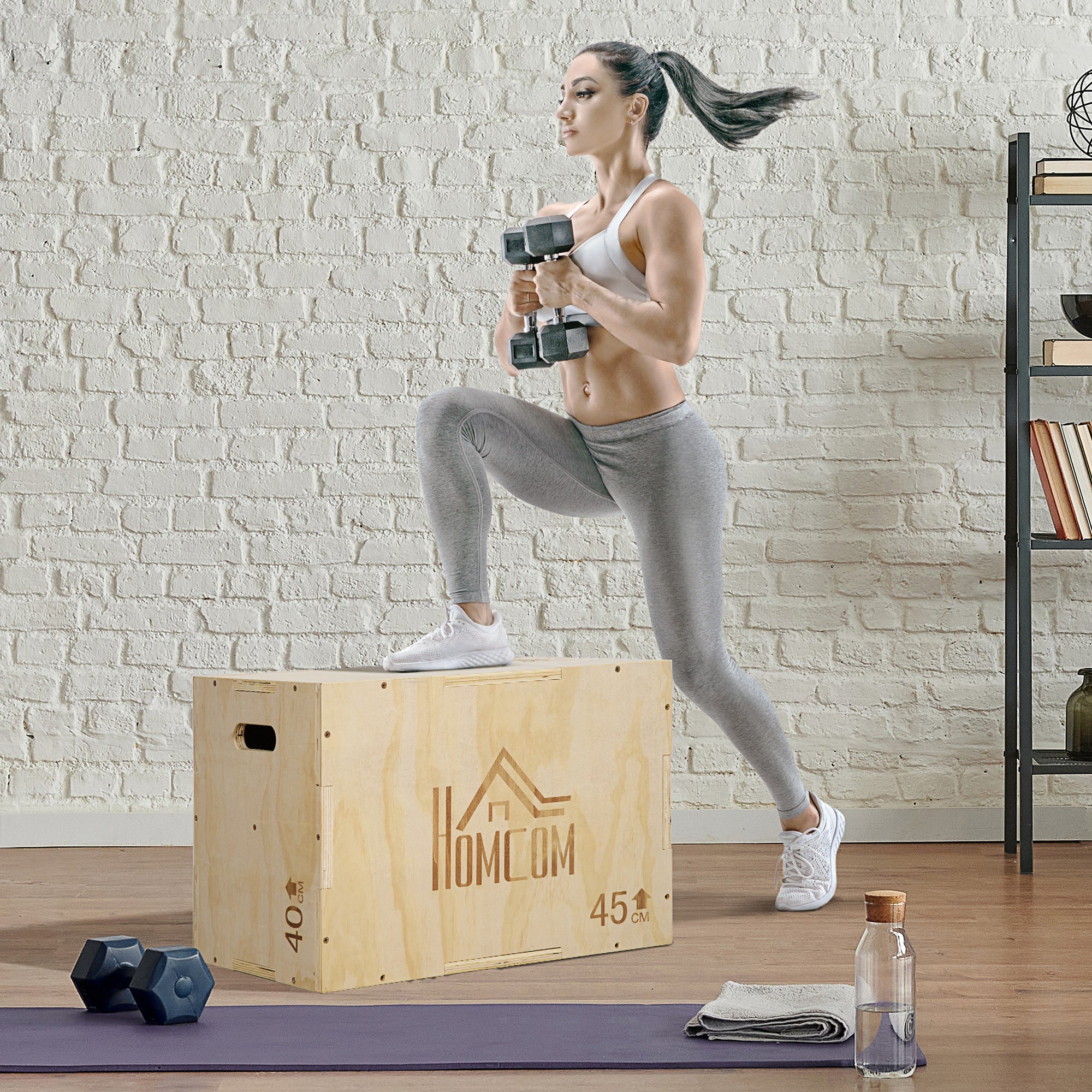 3-in-1 Wooden Plyometric Box Jump Box with 2 Hollow Handles Strength Training at Home Office Gym CrossFit Load 120 kg 45x40x60 cm Natural Wood