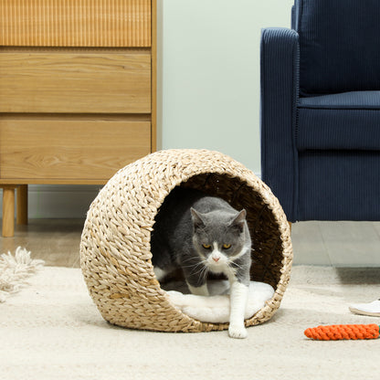 Cat Basket, Cat House, with Fluffy Cushion, Spacious Interior, Woven Willow, 45 x 41 x 37 cm, Brown