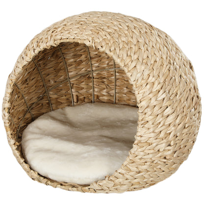 Cat Basket, Cat House, with Fluffy Cushion, Spacious Interior, Woven Willow, 45 x 41 x 37 cm, Brown