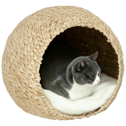 Cat Basket, Cat House, with Fluffy Cushion, Spacious Interior, Woven Willow, 45 x 41 x 37 cm, Brown