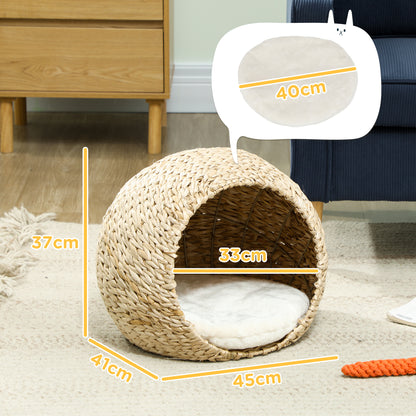 Cat Basket, Cat House, with Fluffy Cushion, Spacious Interior, Woven Willow, 45 x 41 x 37 cm, Brown