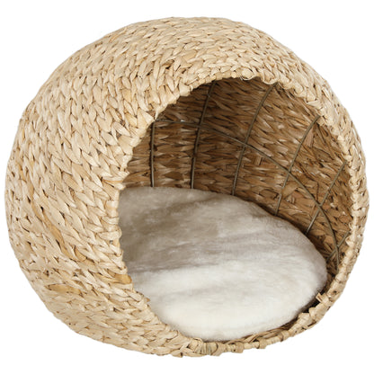 Cat Basket, Cat House, with Fluffy Cushion, Spacious Interior, Woven Willow, 45 x 41 x 37 cm, Brown