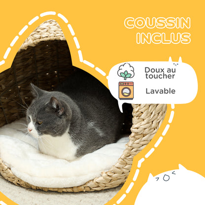 Cat Basket, Cat House, with Fluffy Cushion, Spacious Interior, Woven Willow, 45 x 41 x 37 cm, Brown