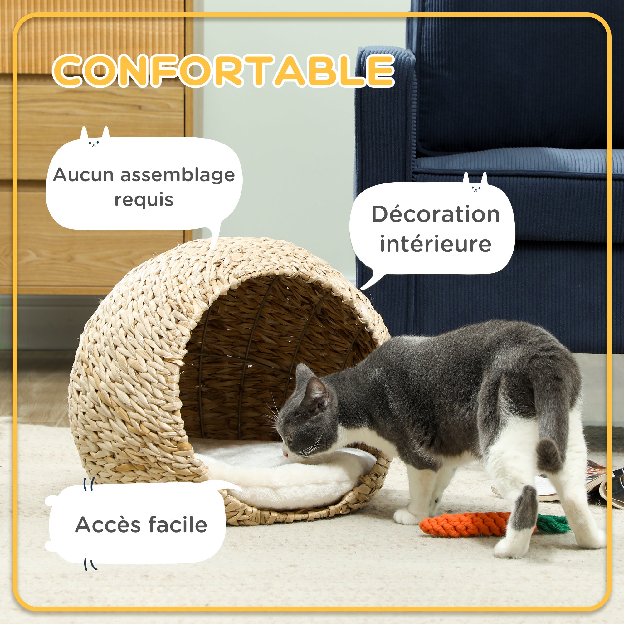 Cat Basket, Cat House, with Fluffy Cushion, Spacious Interior, Woven Willow, 45 x 41 x 37 cm, Brown