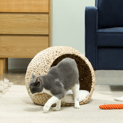 Cat Basket, Cat House, with Fluffy Cushion, Spacious Interior, Woven Willow, 45 x 41 x 37 cm, Brown