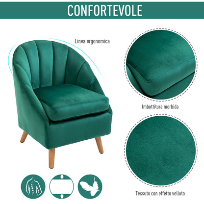 Velvet Bedroom and Living Room Armchair in Green with Thick Padding and Solid Wood Structure (67x65x77cm)