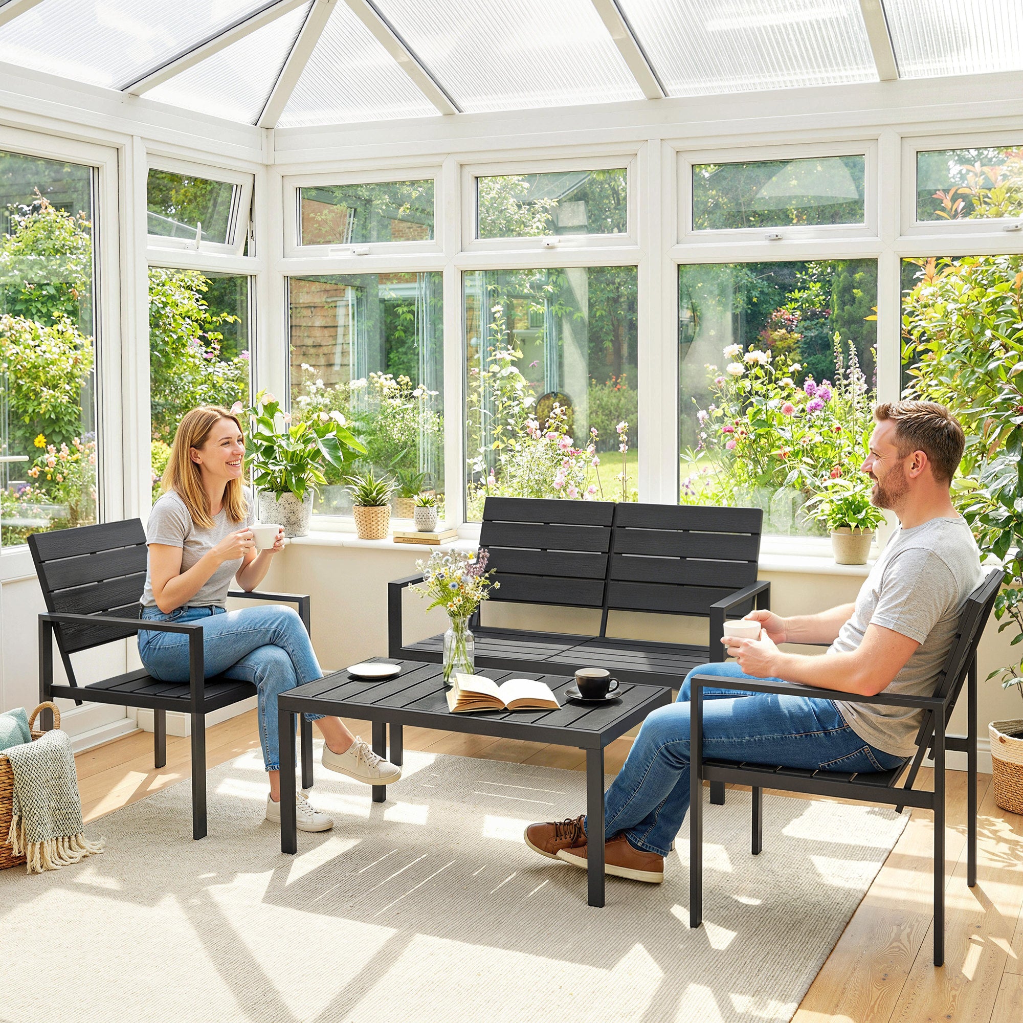 4-Piece Outdoor Garden Sofa Set with 2-Seat Loveseat, 2 Chairs & Coffee Table, Black