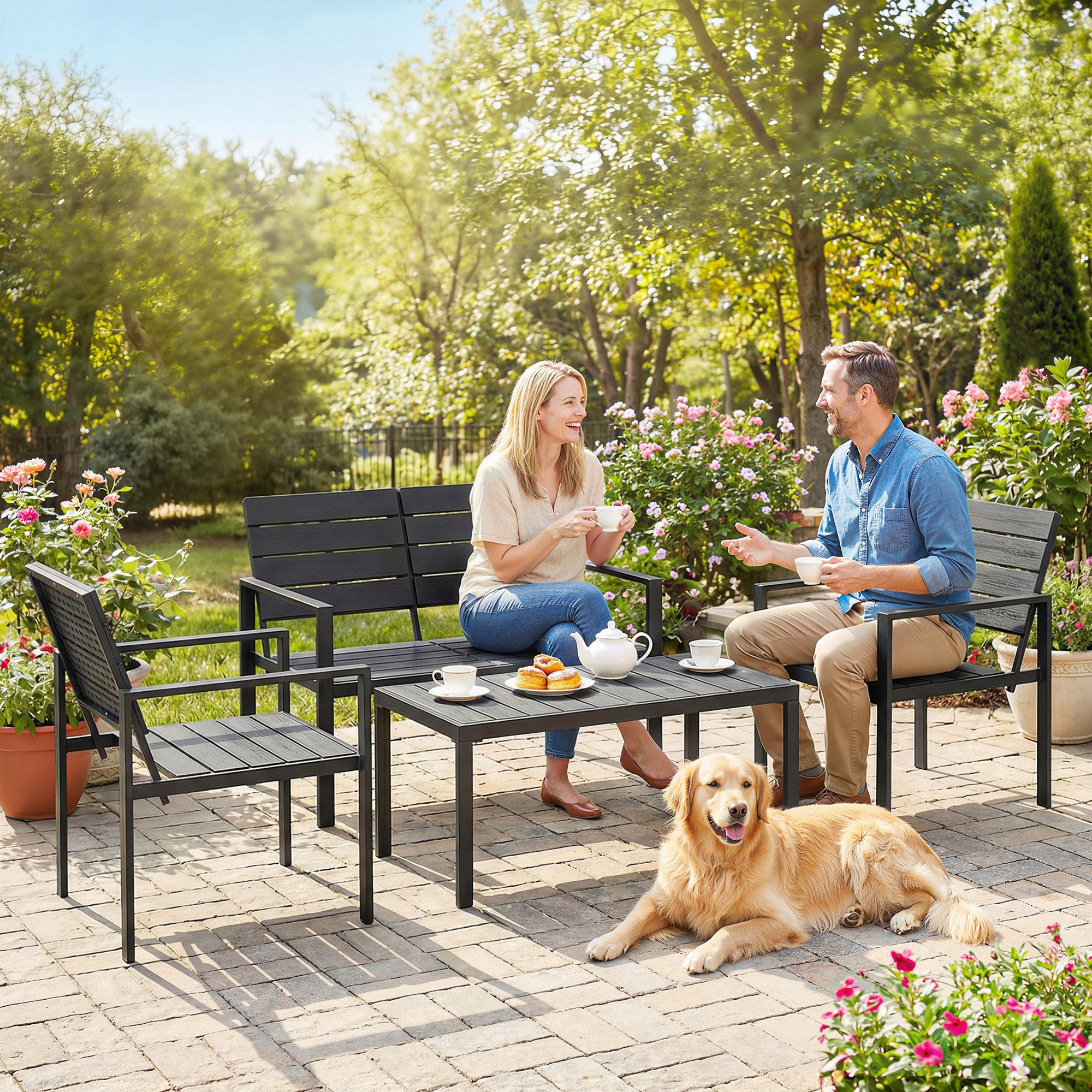 4-Piece Outdoor Garden Sofa Set with 2-Seat Loveseat, 2 Chairs & Coffee Table, Black