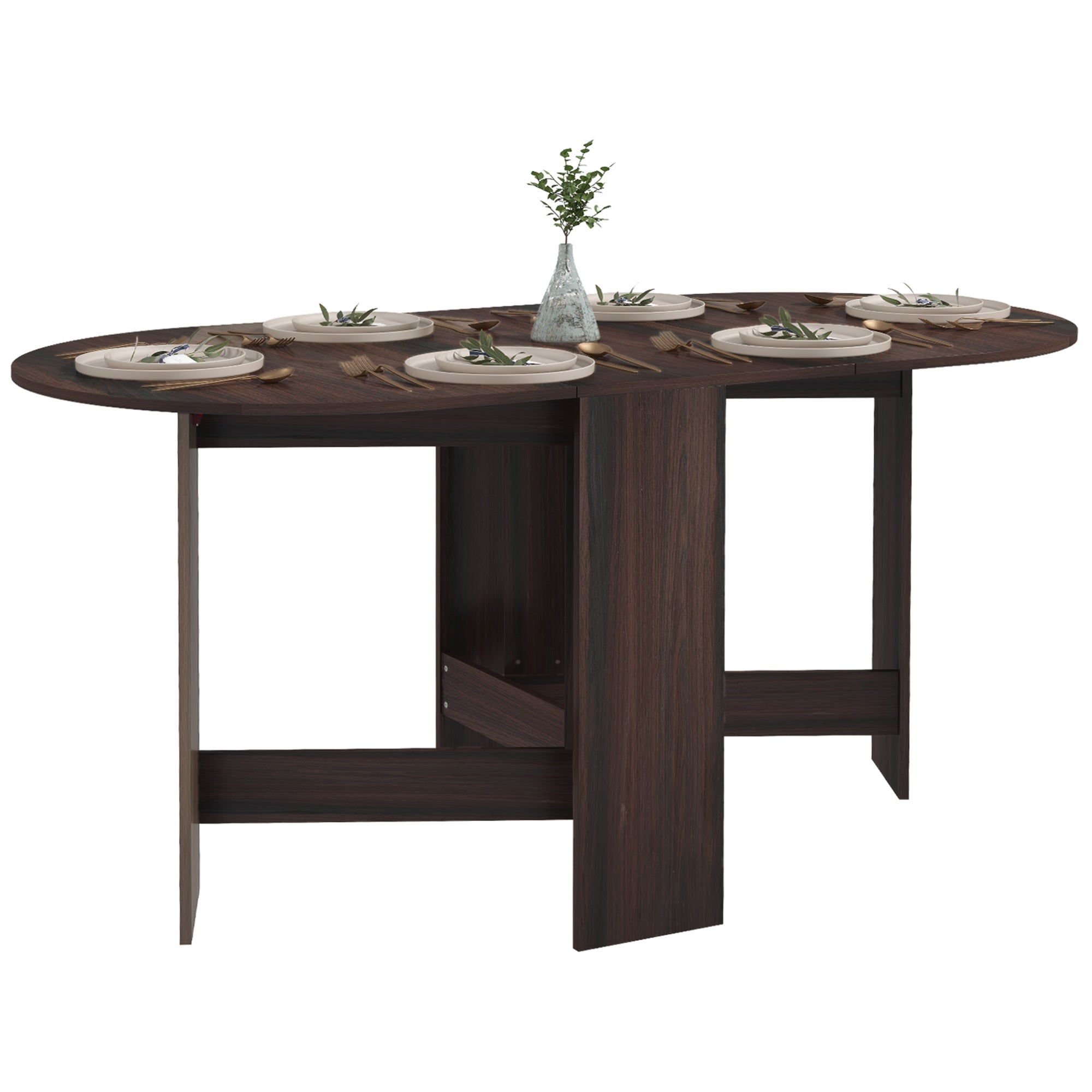 Folding Dining Table, Space-saving Foldable Desk with 2 Oval Leaves for 6 People, Fold-down Kitchen Table, Ideal for Living Room, Home, Office, 163x80x75 cm, Brown