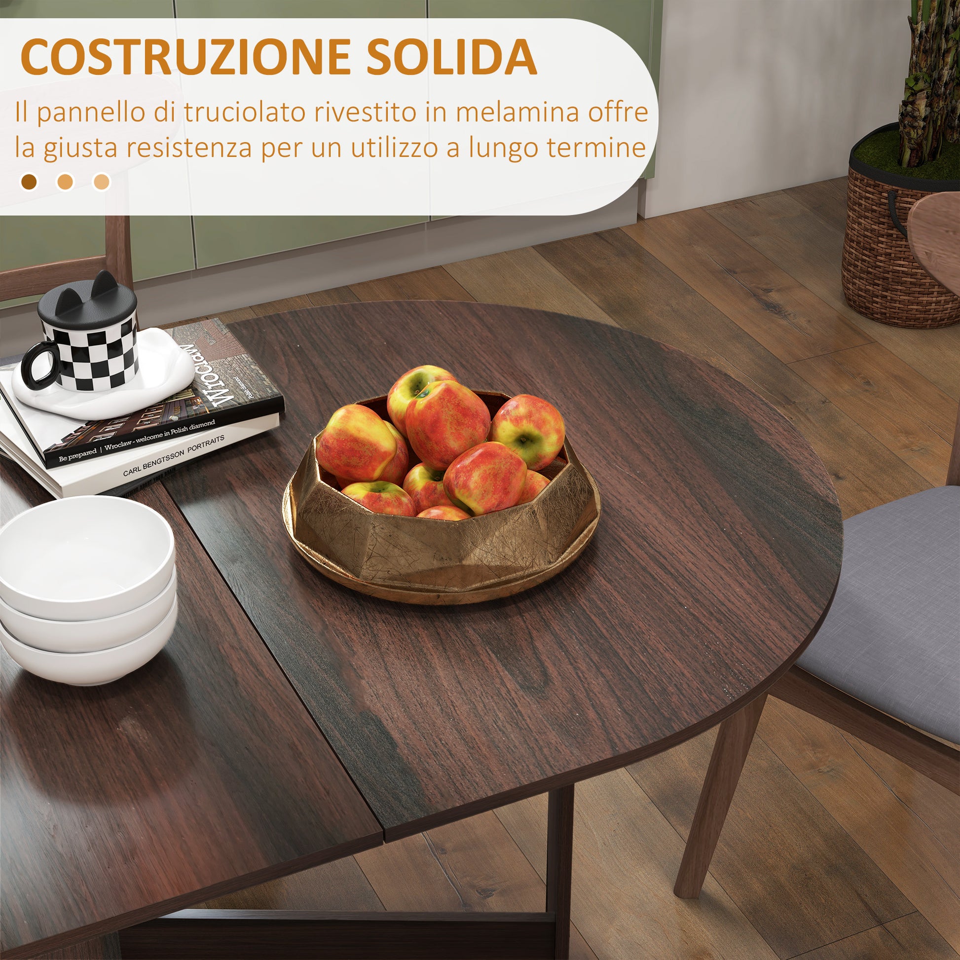 Folding Dining Table, Space-saving Foldable Desk with 2 Oval Leaves for 6 People, Fold-down Kitchen Table, Ideal for Living Room, Home, Office, 163x80x75 cm, Brown