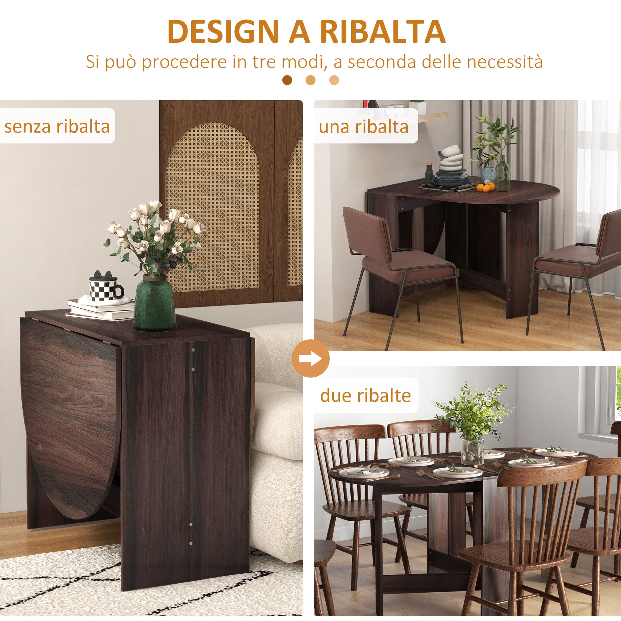Folding Dining Table, Space-saving Foldable Desk with 2 Oval Leaves for 6 People, Fold-down Kitchen Table, Ideal for Living Room, Home, Office, 163x80x75 cm, Brown