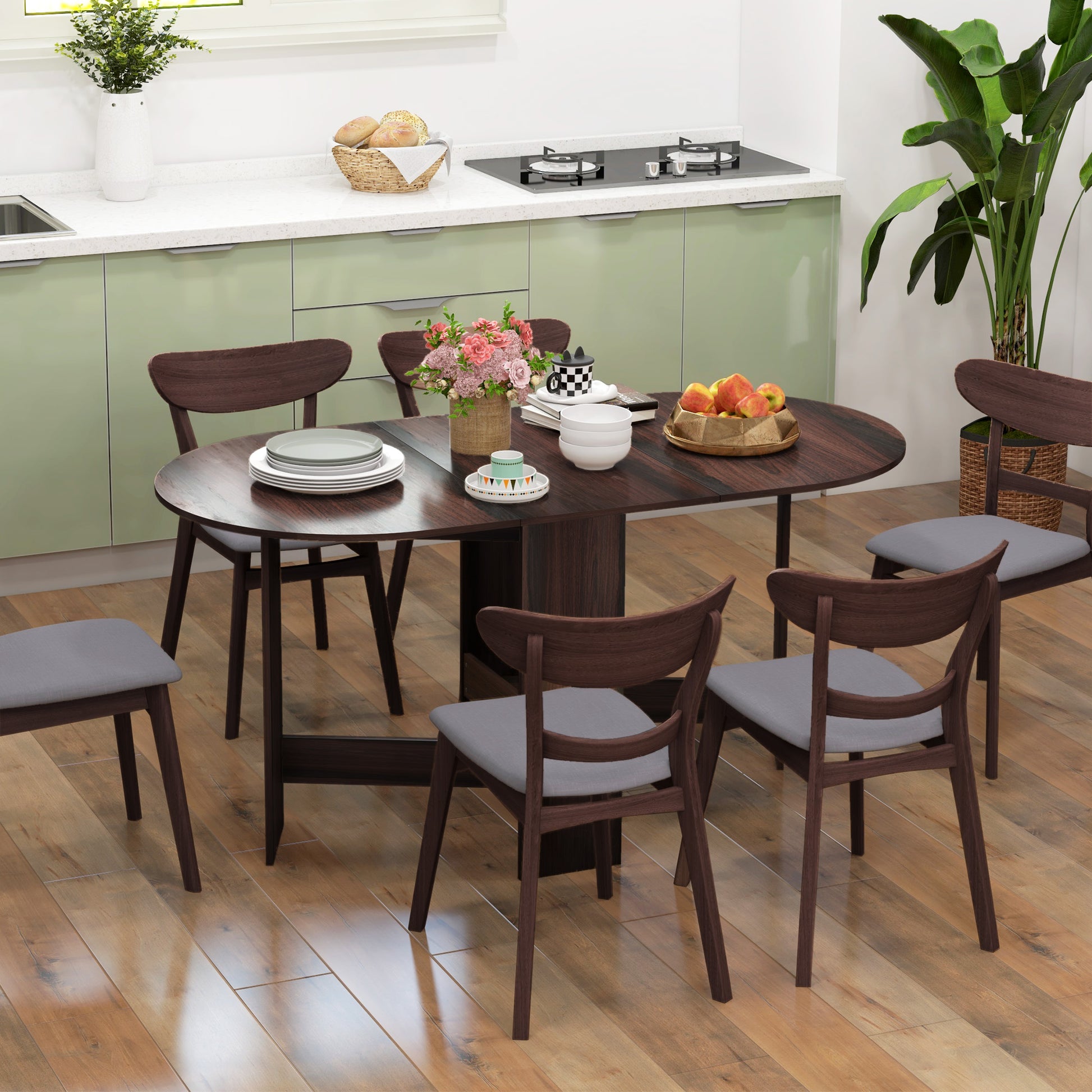 Folding Dining Table, Space-saving Foldable Desk with 2 Oval Leaves for 6 People, Fold-down Kitchen Table, Ideal for Living Room, Home, Office, 163x80x75 cm, Brown