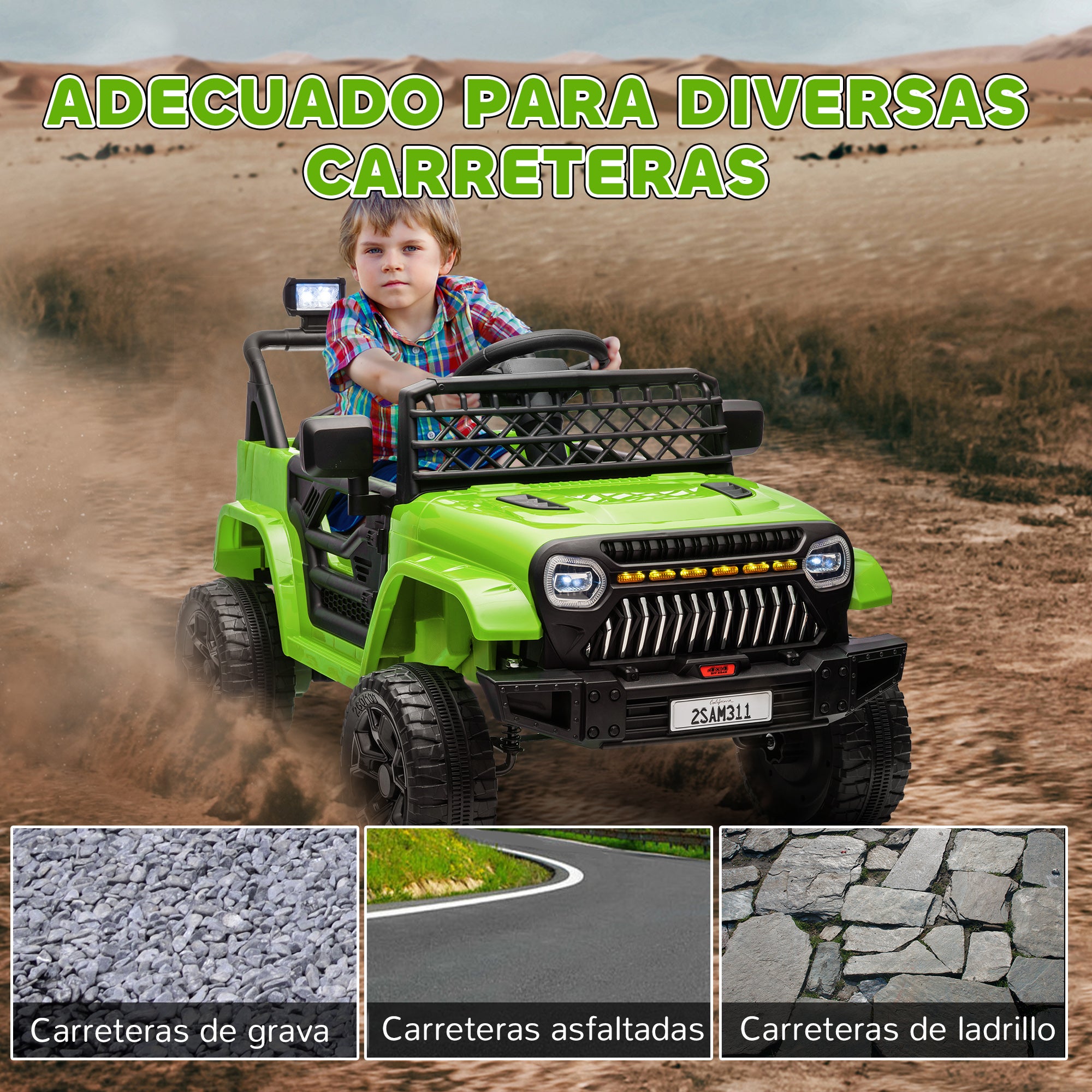 Electric Car for Kids 3+ Years Child Battery-Powered 12V Car with Remote Control Adjustable Speed USB Headlights Horn Green