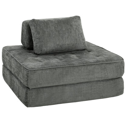 2-in-1 Folding Single Sofa Bed – Chenille Floor Chair with Thick Foldable Mattress, Removable Pillow & Backrest, Compressed, No Assembly, Gray