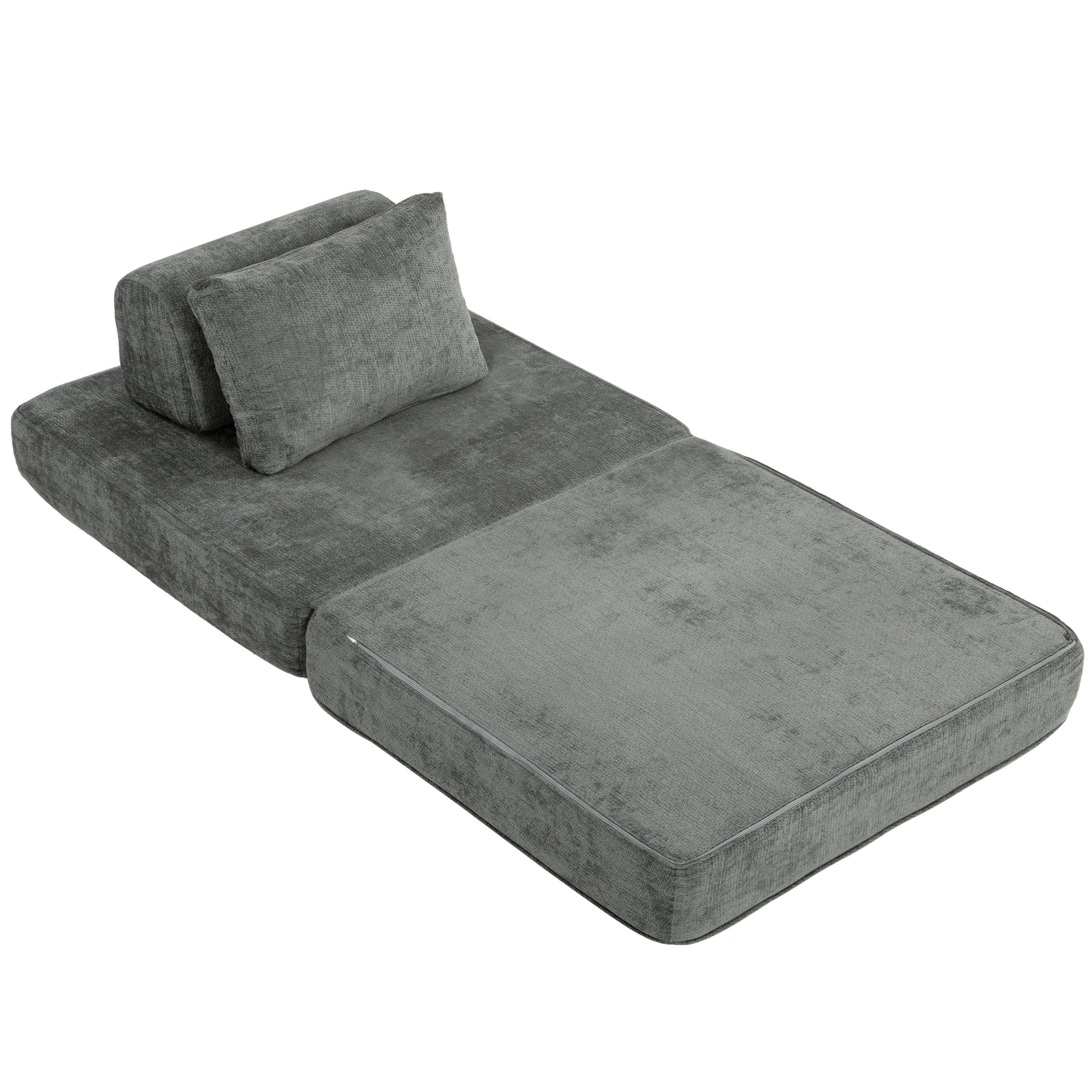 2-in-1 Folding Single Sofa Bed – Chenille Floor Chair with Thick Foldable Mattress, Removable Pillow & Backrest, Compressed, No Assembly, Gray