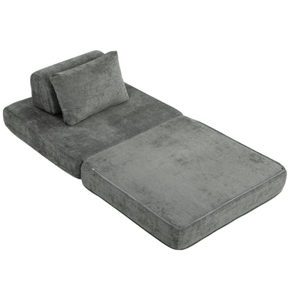 2-in-1 Folding Single Sofa Bed – Chenille Floor Chair with Thick Foldable Mattress, Removable Pillow & Backrest, Compressed, No Assembly, Gray