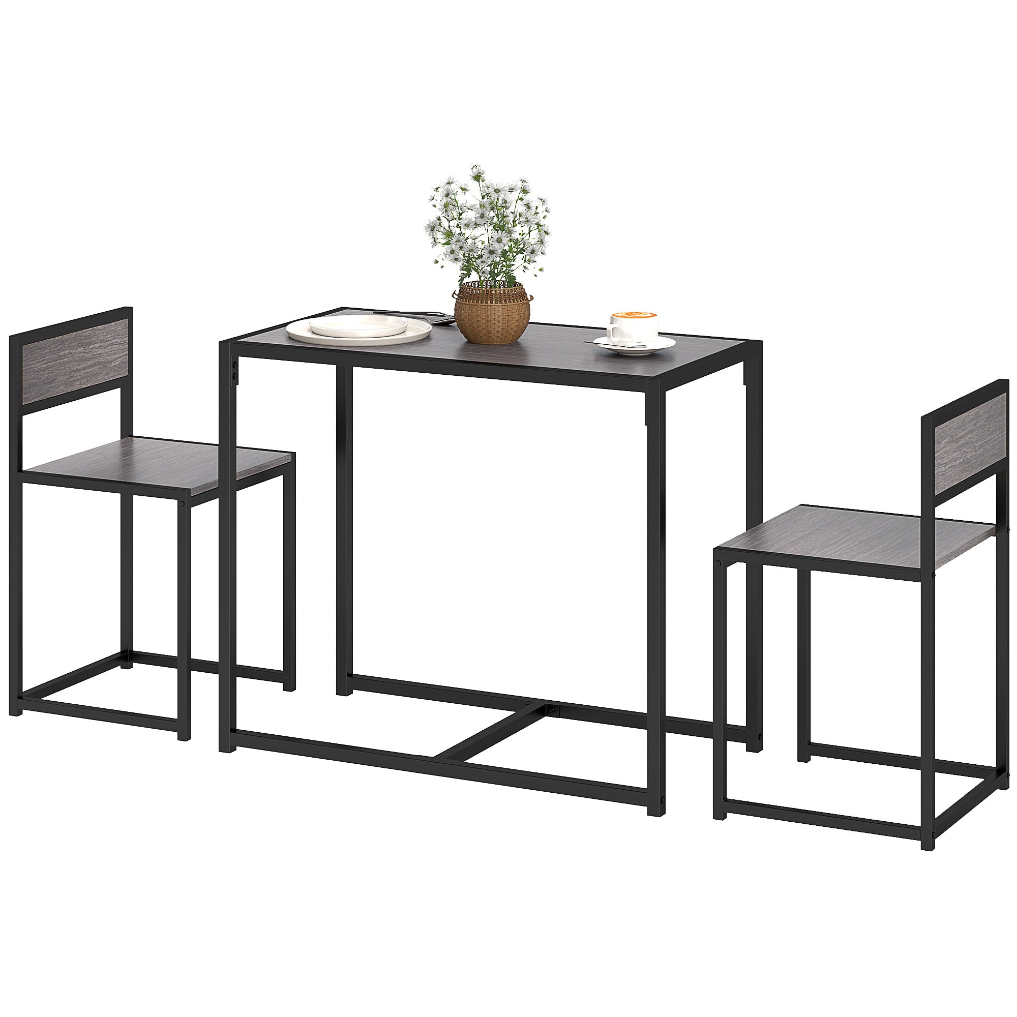 Space-Saving 3-Piece Dining Set — Rectangular Table with 2 Chairs, Gray
