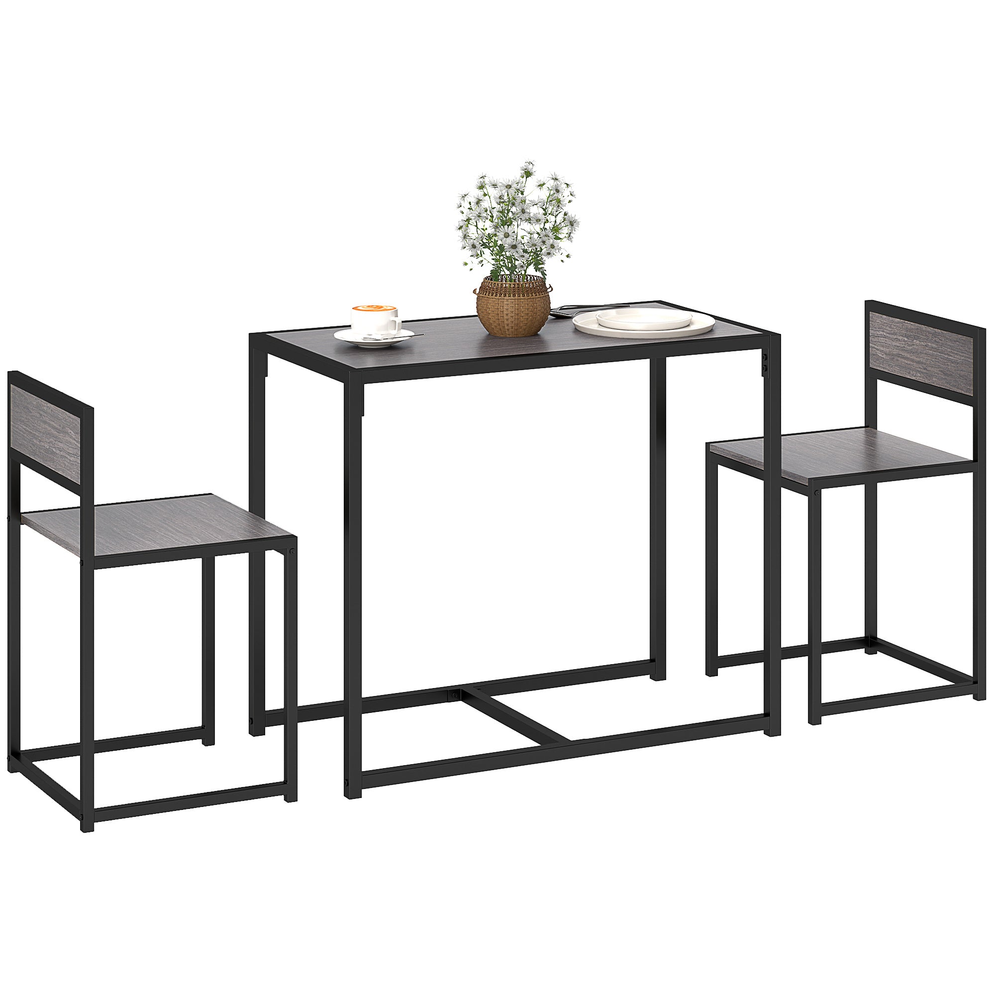Space-Saving 3-Piece Dining Set — Rectangular Table with 2 Chairs, Gray