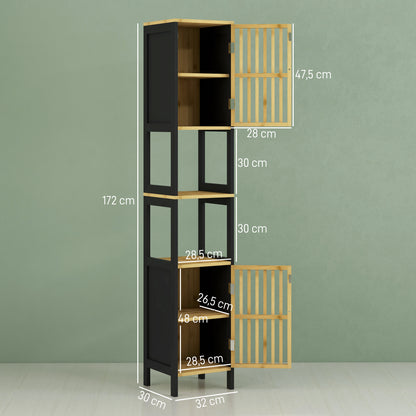 Two-Tone Bathroom Column Storage Cabinet 30L x 32W x 172H cm 2 Cupboards with Adjustable Shelf + 2 Niche Shelves