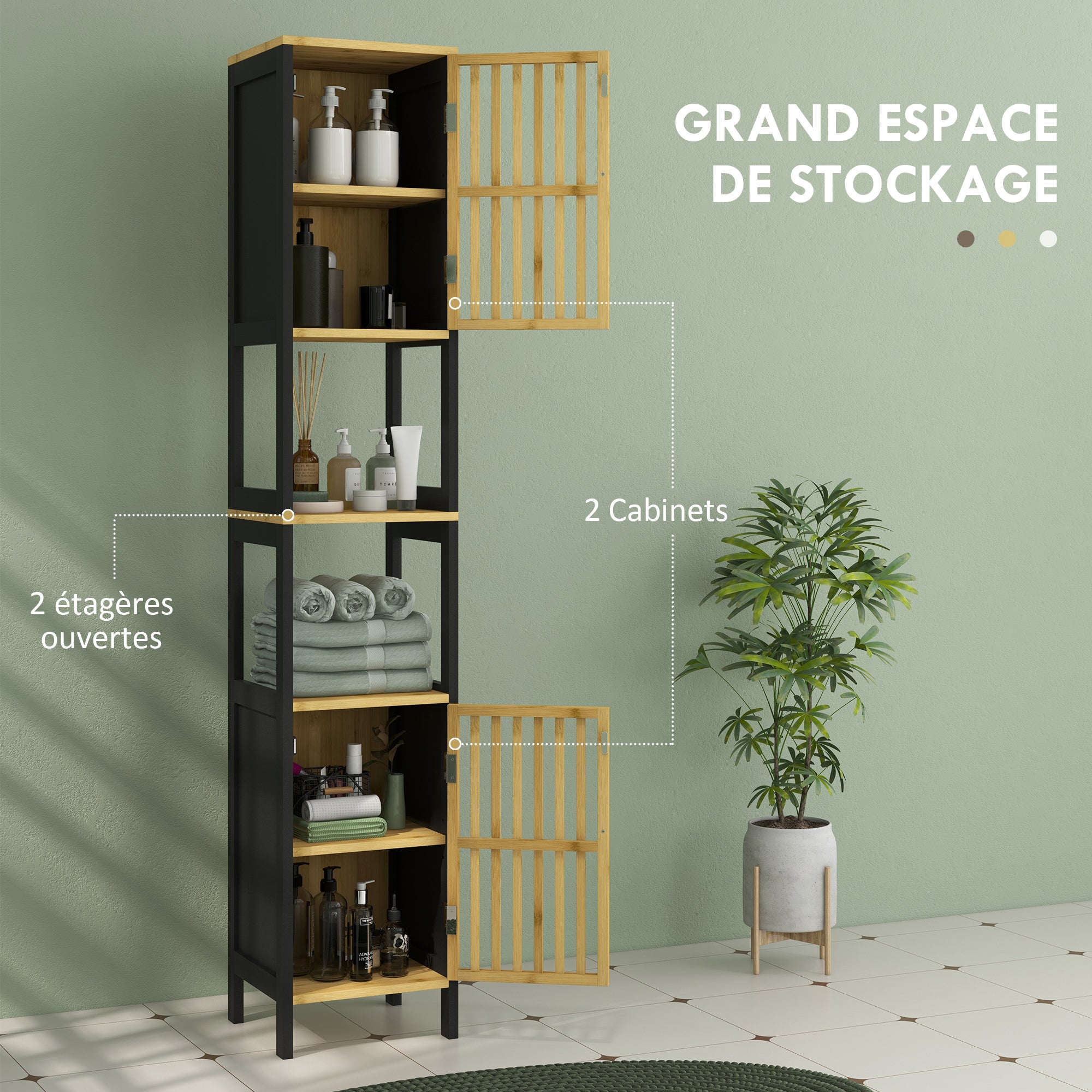 Two-Tone Bathroom Column Storage Cabinet 30L x 32W x 172H cm 2 Cupboards with Adjustable Shelf + 2 Niche Shelves