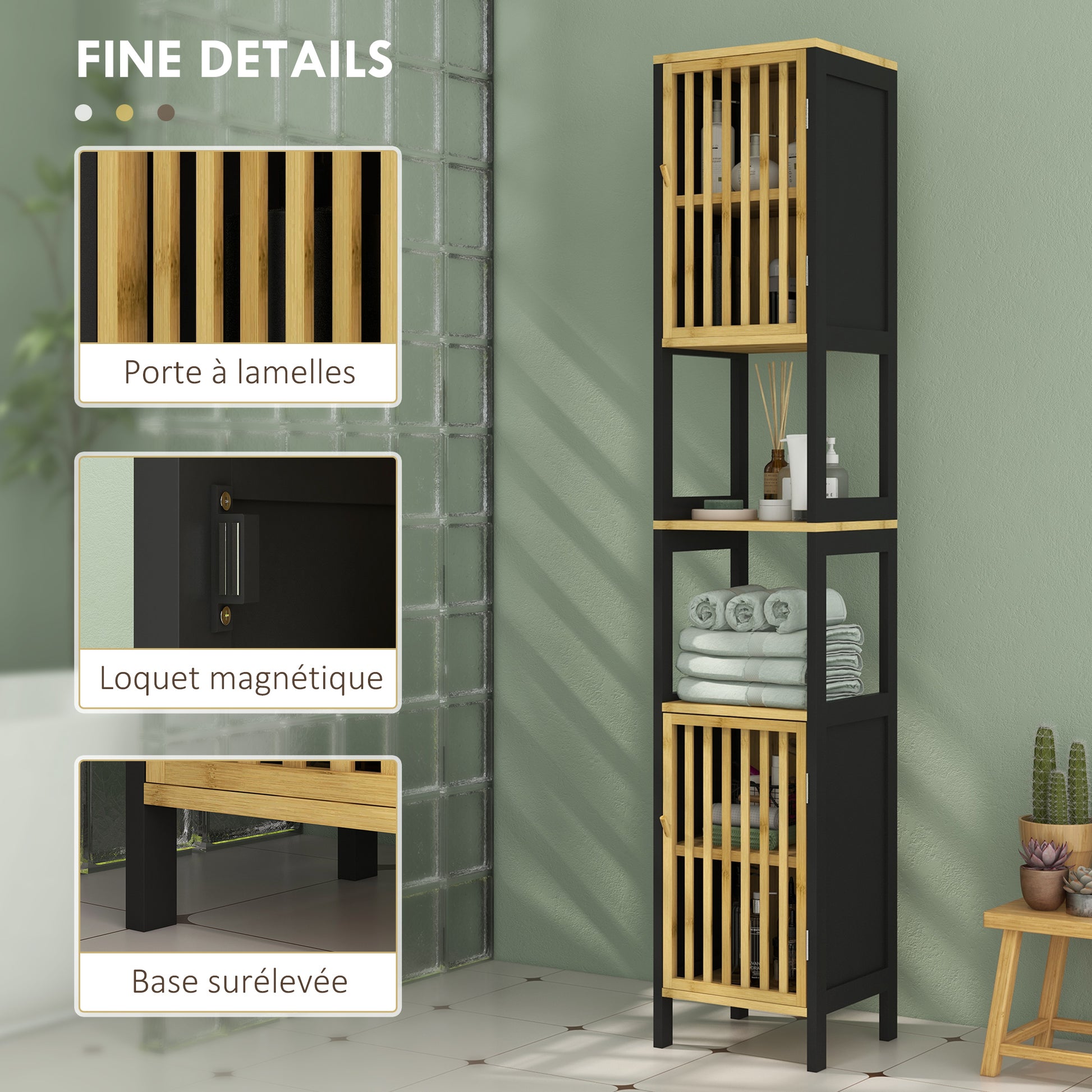 Two-Tone Bathroom Column Storage Cabinet 30L x 32W x 172H cm 2 Cupboards with Adjustable Shelf + 2 Niche Shelves