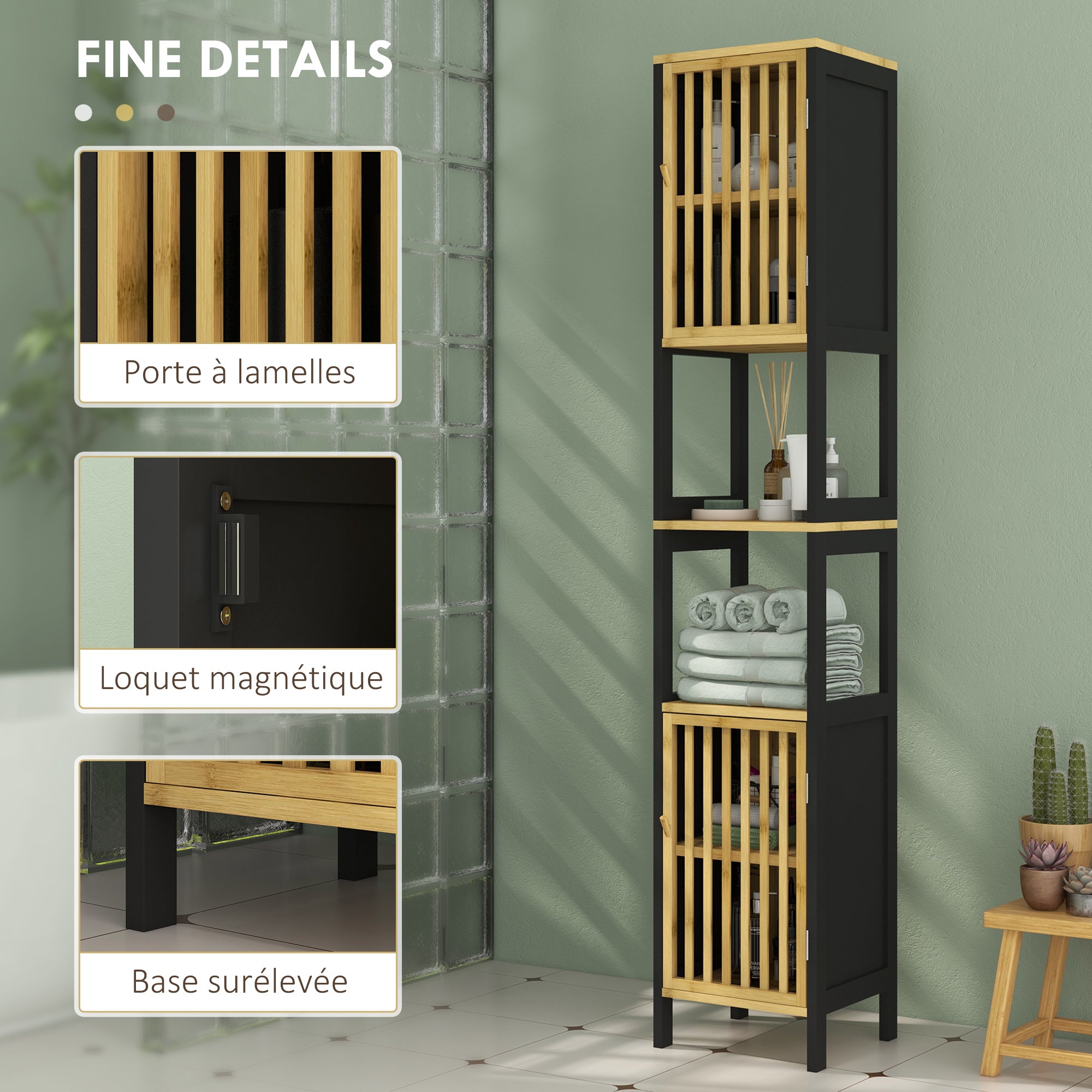 Two-Tone Bathroom Column Storage Cabinet 30L x 32W x 172H cm 2 Cupboards with Adjustable Shelf + 2 Niche Shelves