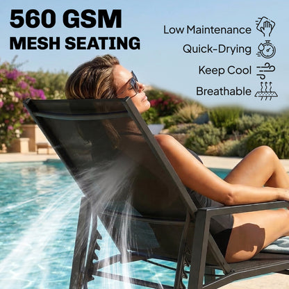 Folding Portable Sun Lounger with Telescopic Footrest — 5-Position Adjustable Backrest, Breathable Mesh (Black)