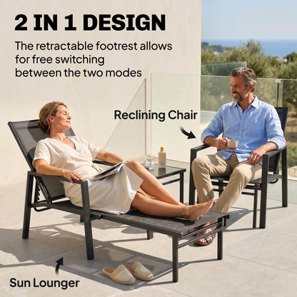 Folding Portable Sun Lounger with Telescopic Footrest — 5-Position Adjustable Backrest, Breathable Mesh (Black)