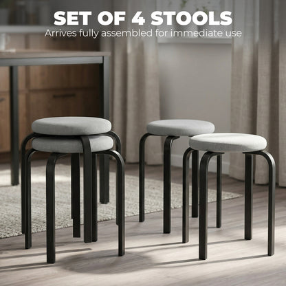 4-Pack Round Dining Stools, Gray Linen-Look Upholstery with Steel Legs – Stackable Kitchen & Living Room Stools