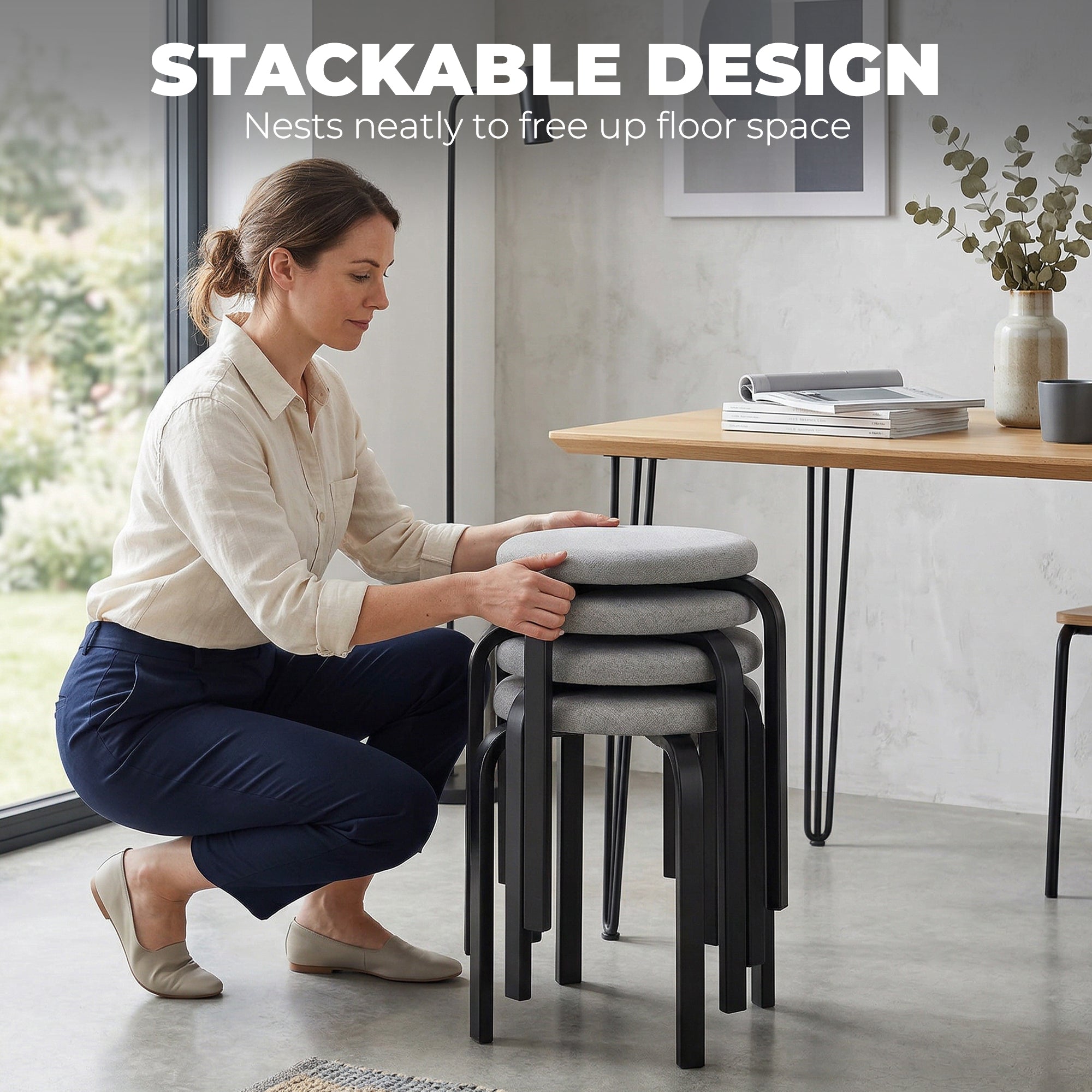 4-Pack Round Dining Stools, Gray Linen-Look Upholstery with Steel Legs – Stackable Kitchen & Living Room Stools